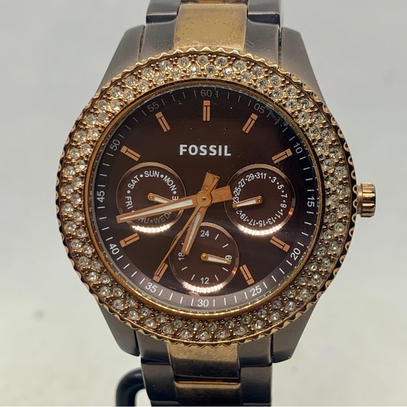 Fossil Accessories - FOSSIL Stella ES-2955 Women’s Wristwatch All St Steel Crystal Bezel Working